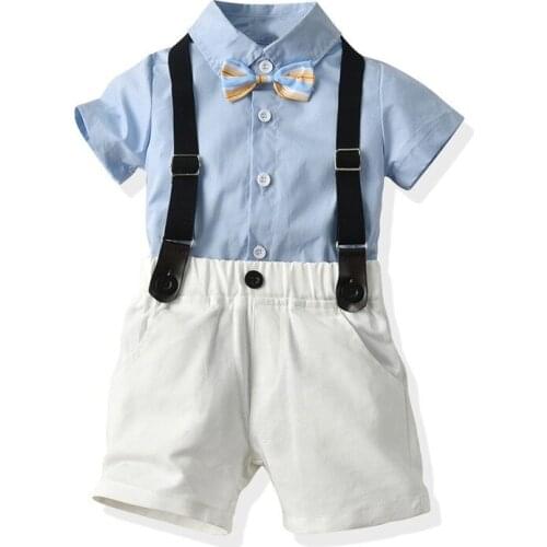 Summer fashion boy clothes Gentlemans bow tie short-sleeved shorts suit Leisure sports cotton blue shirt.Campus style