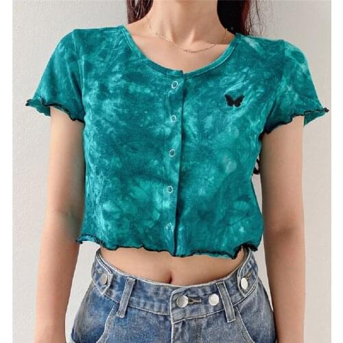 Fashion Casual Women Summer Short Sleeve Tee Fungus O Neck Button Down Crop Top Knitted High Street Lady Slim T Shirts