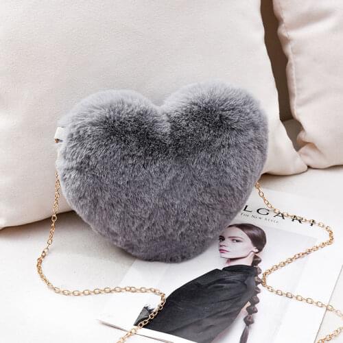 Fashion Gray Lady Faux Fur Bag Winter Chains Heart Shaped Girls Princess Trendy Furry Plush Casual Soft Ins Korean Women Bags