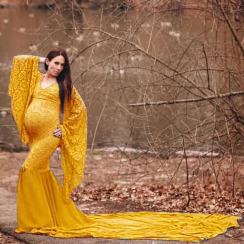 Fashion Maternity Dress for Photo Shoot Maxi Maternity Gown Long Sleeves Lace Stitching Fancy Women Maternity Photography Props
