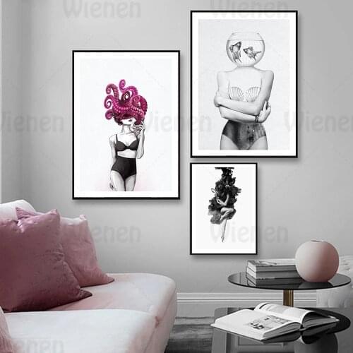 Fashion Sexy Beauty Poster Fish Tank Octopus Head Woman Abstract Art Interior Decoration Canvas Painting for Living Room Bedroom