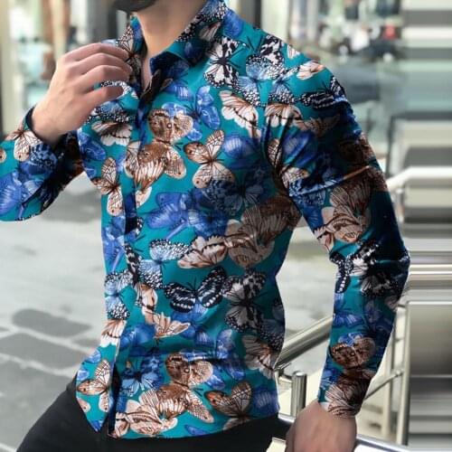 Men Shirt Vintage Polyester Summer Shirt Butterflies Print Buttons Men Long Sleeve Lapel Top casual Shirts Blouse Party 2021
