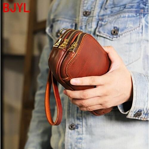Men Clutch Bag Large Capacity Wallets Casual Bags Multilayer Zipper MENS Cowhide Origional Handmade Stitching Genuine Leather