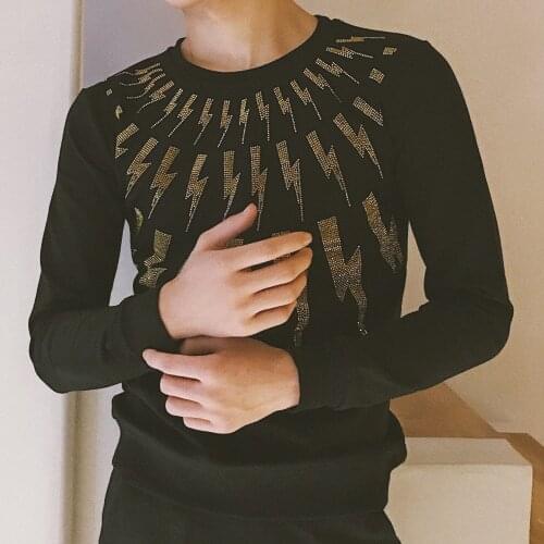 Black Gold 2020 Spring Warm Brand Streetwear Rhinestone Men Graphics Design Sweatshirt Stage Wind Shiny Hoodie