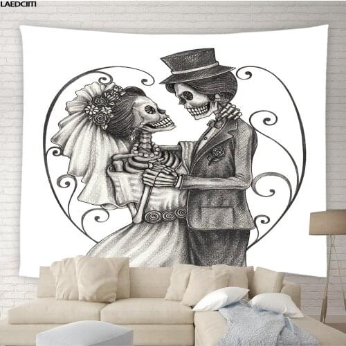Skull Tapestry Skeleton Couple Hippie Wall Hanging Flowers Love Creative Art Background Halloween Living Room Bedroom Home Decor