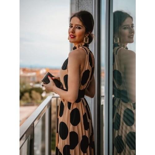 Bohemian Polka Dot Dress Womens Summer Fashion A-line Pleated Halter Neck Dress 2021 New Woman Elegant Sleeveless Party Dresses