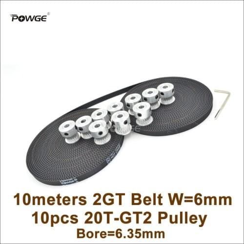 POWGE 10pcs 20 Teeth GT2 Timing Pulley Bore 6.35mm + 10M 2GT Timing Belt Width 6mm 20Teeth 20T 2GT Pulley 3D Printer Parts