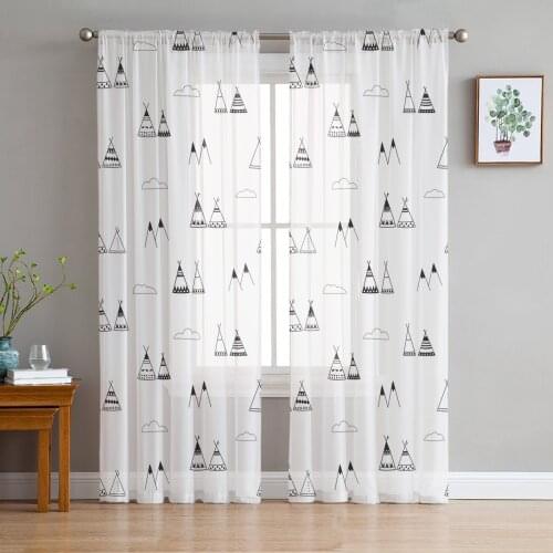 Simple Black And White Tent Camping Sheer Curtains for Girl Kids Bedroom Kitchen Window Drapes Curtain Home Decoration