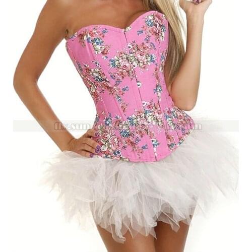 Pink Demin Floral Overbust Corset Outerwear Top Lace up Jean Flowers Bustier + White TuTu Skirt S M L XL 2XL