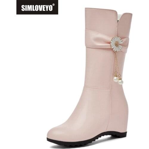 SIMLOVEYO Sweet Bowtie Mid-calf Women Boots Winter Hidden Wedge Boots Fashion Casual Shoes Woman Tassel Pearl Solid Zipper S2394