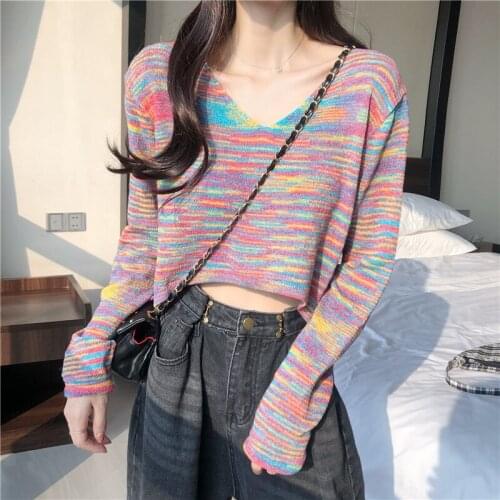 Super Nice Happy Rainbow Stripe T-Shirt Women Long Sleeve Sweater Crop Top Ribbed Knitted Basic Pullover Knitwear Tops