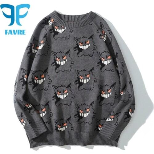 FAVRE Sweaters Men Pullovers Anime Devil Jacquard Knitted Pullover Harajuku Hip Hop Streetwear Mens O-Neck Oversize Sweater