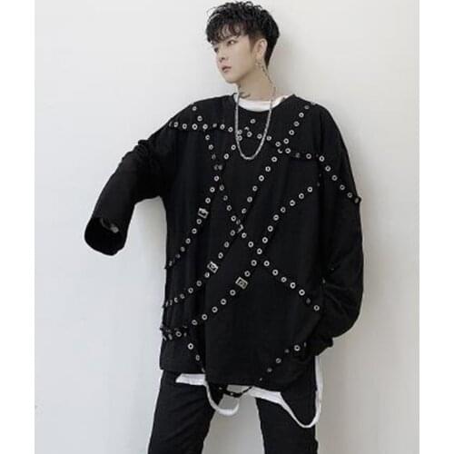 Spring autumn men rivet bandage punk long sleeve t shirt mens hip hop oversized tshirt vintage tees tops