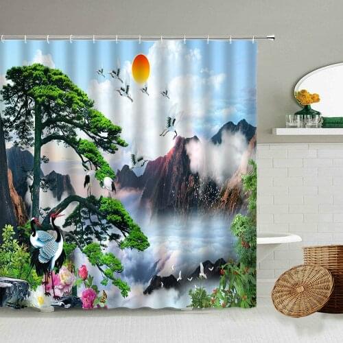 Chinese Landscape Waterfal Scenery Shower Curtain Set Crane Sun Pine Flower Bathroom Wall Decoration Waterproof Polyester Screen