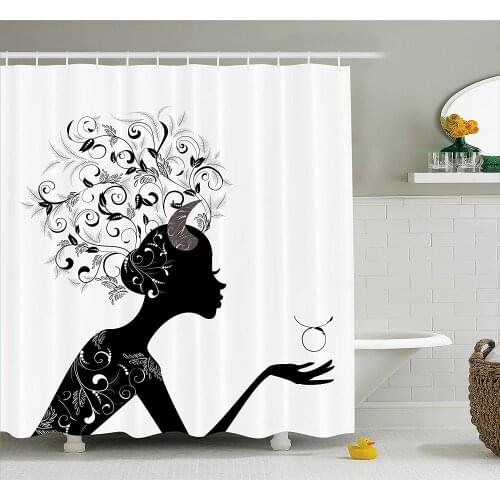 Zodiac Taurus Shower Curtain Fashion Girl Black Silhouette with Floral Hairdo and Dress Modern Icon Waterproof Bath Curtains