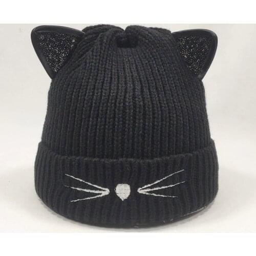 Cat Shaped Sequin Ears Women Beanie Hat Winter Fleece Inside Warm Knitted Cap Black Grey Red Pink Yellow Beige