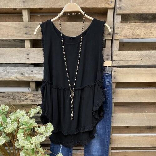 Women Fashion Loose Solid Color 0 Neck Fray Irregular Shirt 2021 Spring Summer Sleeveless Loose Office Ladies Streetwear Top 3XL