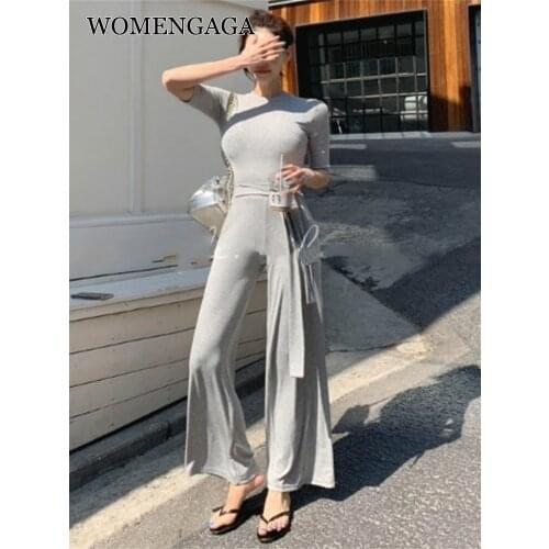 Female grey Fitness women Two Pieces Sets Summer Cotton t shirt set Wide legged Pants casual Tops High Waist trousers Suits 0BUO