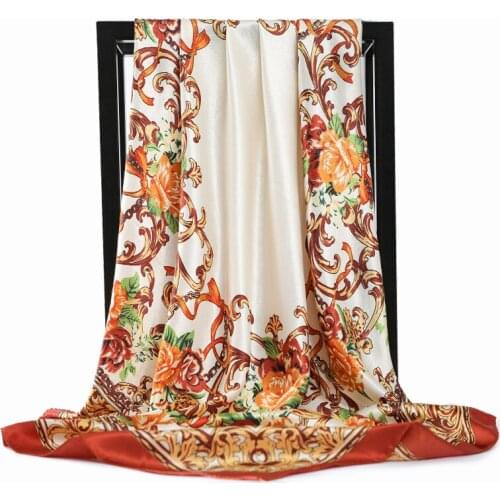 Fashion Kerchief Hair Scarf For Women Floral Print Silk Satin Hijab Scarfs 90*90cm Square Headband Neck Scarves For Ladies 2020