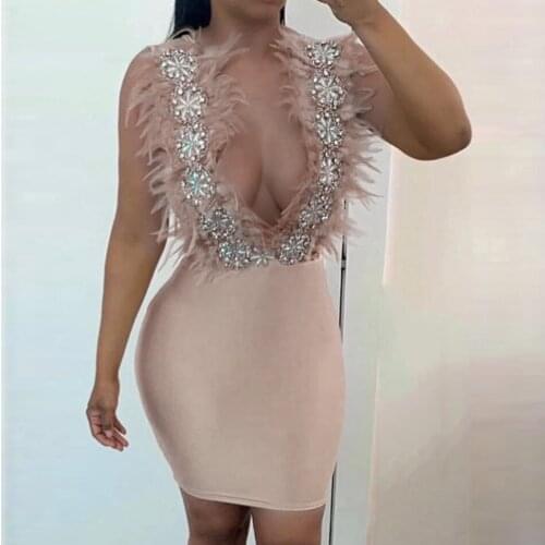 Ailigou 2020 New Summer Bandage Dress Lady Elegant Yellow Sexy V-Neck Feather Bodycon Club Luxury Beaded Celebrity Party Dress