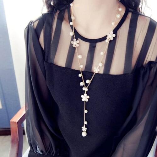 New Flower Long Necklace for Women Fashion Simulated Pearl Jewelry Tassel Perlas Necklaces & Pendants Bijoux Femme Perle