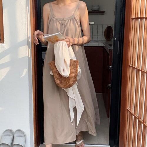 Johnature New Sleeveless Spaghetti Strap Dress 2021 Summer Casual Korean Loose Solid Color Button Backless Women Dresses