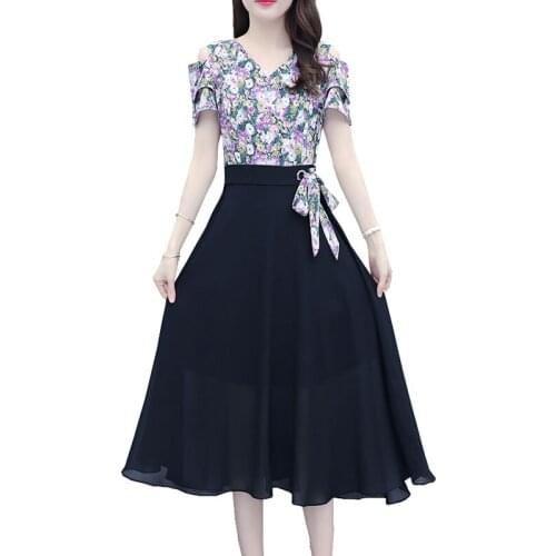 Women Summer Dress Fashion Print Stitching High quality Chiffon Dresses V-neck Strapless Short sleeve Long Vestido Female OK669