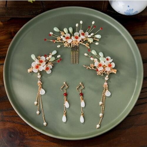 1 Set Plum Bossom Hair Clip Earring Inse Headdress Flower Women Hair Clips HairpinTraditional Headdress Handmade Hair clip