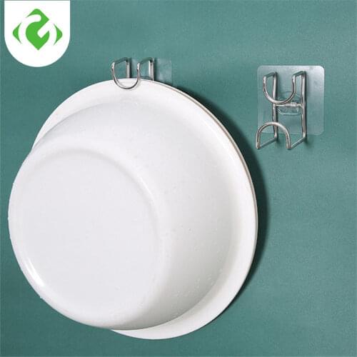 1PC Wall Mounted Door Sticky Hanger Holder Wash Basin Holder Stainless Steel Strong Adhesive Hook Kitchen Bathroom Creative