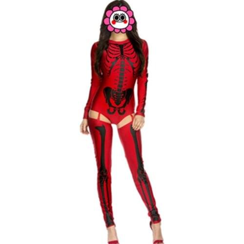 2016 Red Halloween Skeleton Costume halloween costumes for women playsuits adults devil Cosplay costumes jumpsuits