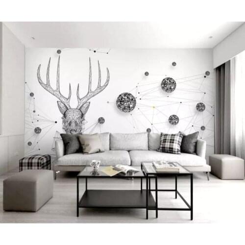 3d three-dimensional fashion lines planet elk black and white sofa bedroom background wall painting
