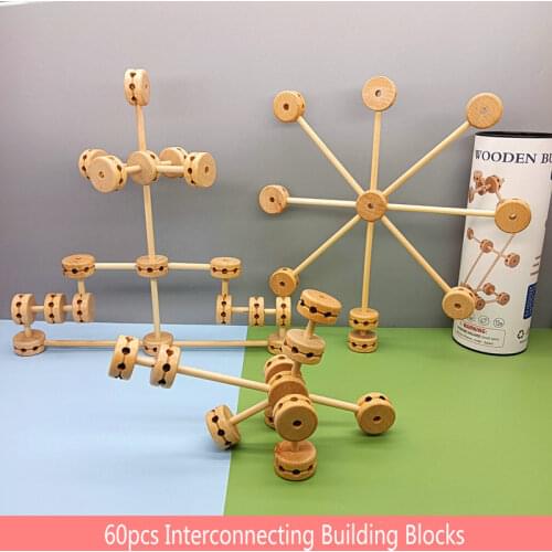 60pcs Interconnecting Building Blocks Children Educational Wooden Model Building Construction Toys Kids Natural Stacking Blocks