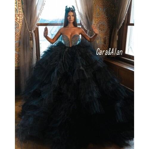 Princess Ball Gown Black Wedding Dresses Sexy Plunning Neck Beaded Dubai Bridal Gowns Ruffles Tulle Skirt vestido de noiva 2021