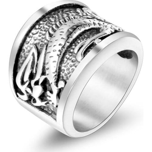 Big Vintage Ethnic Totem Dragon Pattern Rings Silver Color Stainless Steel Jewelry For Women Man Gift Top Quality Hand Polished