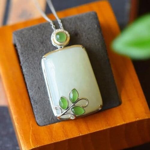 Natural Hetian white jade geometric Pendant Necklace Chinese retro unique designer craft charm womens jewelry