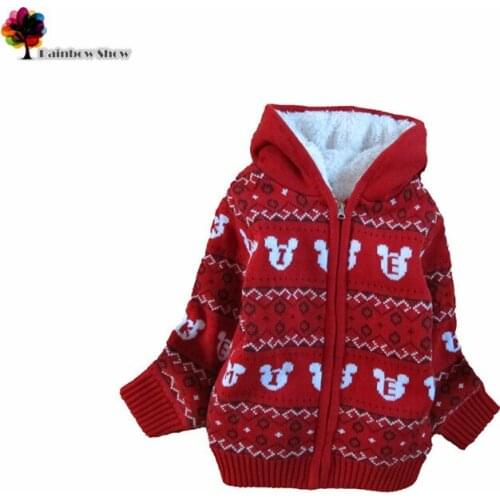 New Children Clothing Autumn Winter Girls Thick Warm Sweater Coat Red Cartoon Mouse Hooded Jacquard Sweater Coat Kids Outwear
