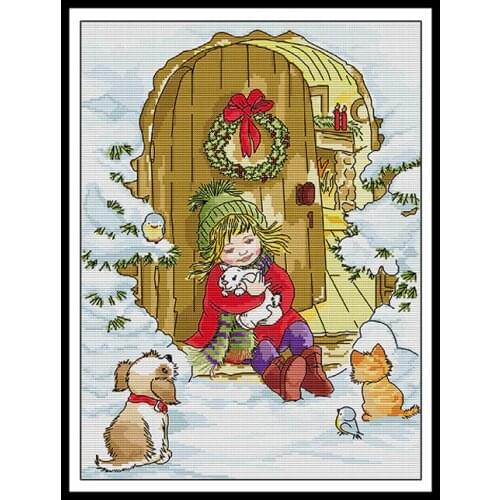 Girls and Animals on Christmas Eve Patterns 14ct Stamped Cross Stitch Kits DIY Needlework Set 11ct Printed Fabric Embroidery Kit