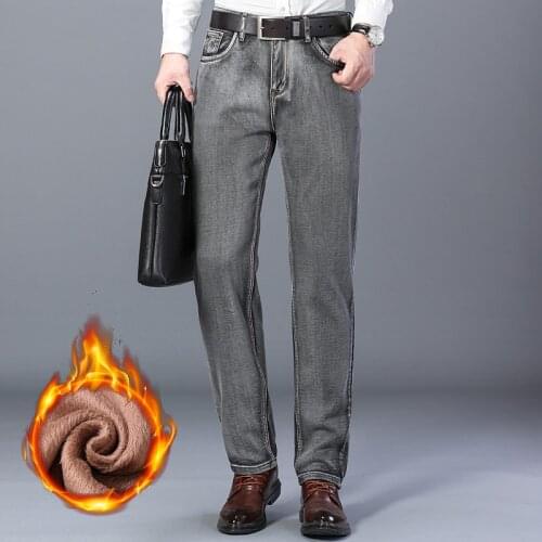 Winter New Mens Jeans Fleece Thick Warm Gray Business Office Fashion Slim Stretch Denim Trousers Male High Quality