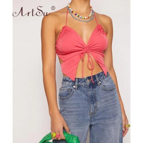 ArtSu Sexy Black Red Drawstring Bandage Crop Top Clubwear Backless V Neck Halter Tank Tops Women Summer Tops 2021