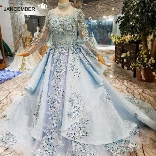 LS320400G blue special dubai puffy party dresses high neck long tulle sleeve lace up back evening dresses can make for muslim