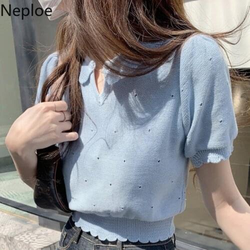 Neploe Fashion Women T Shirts Vintage Knit Cropped Sweater Tops Korean Puff Sleeve Woman Tshirts Summer 2021 Femme Ruffles Tee