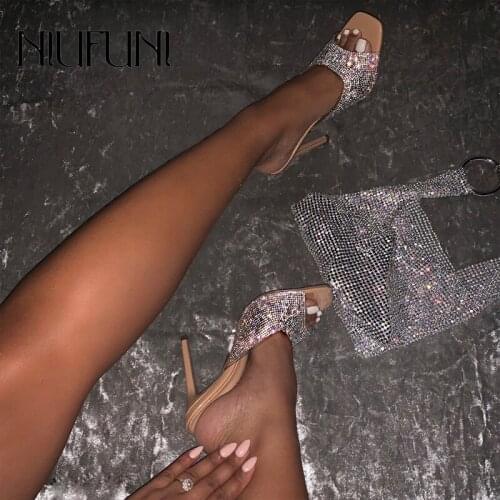 Fashion Square Peep Toe Rhinestone Womens Sandals Slippers Casual Stiletto High Heels NIUFUNI Women Shoes Size 35-40 Slides