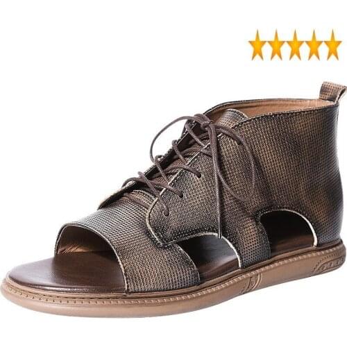 Retro Leather Men 100% Genuine Lace Up Rome Business Summer Casual Outdoor Shoes Brand Hollow Out High Top Sandals Male