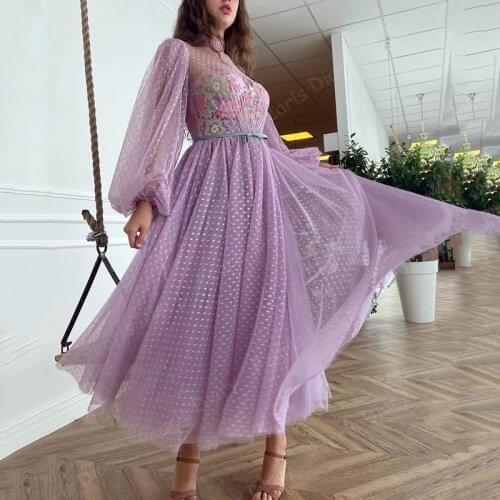 New Arrival Lace Appliques Prom Dresses Middle East Short Elegant Puffy Sleeves Evening Dress Plus Size Tea Length Pageant Gowns