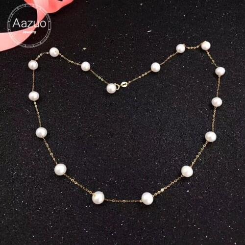 Aazuo Natural Freshwater Pears Real 18K Yellow Gold Choker Necklace gifted for Women Wedding Engagement Au750 18 inches Chain