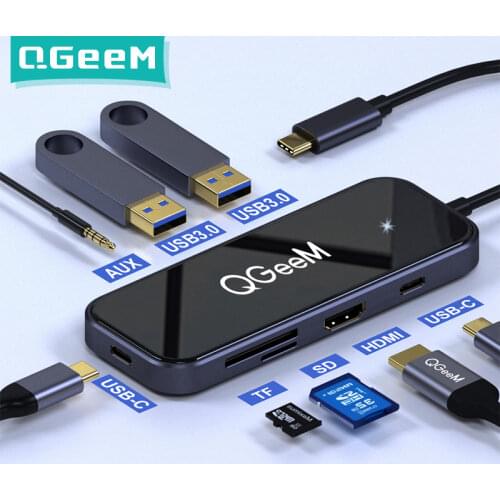 QGeeM 8 Ports USB C Hub for Macbook Pro Air USB Hub 3.0 Adapter TF SD 3.5mm PD Aux HDMI Type C Hub for iPad Pro PC Splitter Dock
