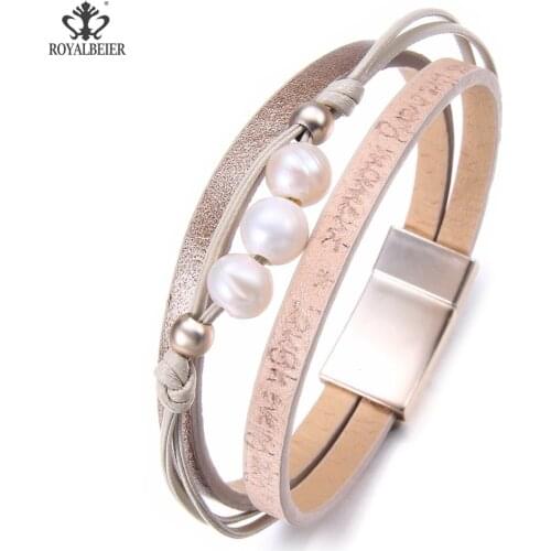 ROYALBEIER Snap Button Jewelry Pearl Leather Bracelet Punk Multilayer Magnet Buckle Cuff Bracelets Feminino Snaps Jewelry SZ0704