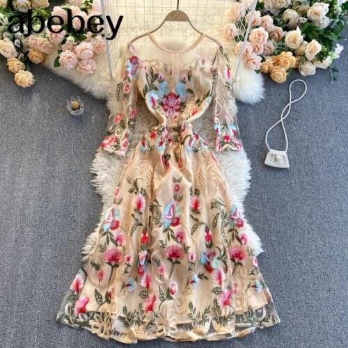 High Quality Mesh Embroidery Dress Chic Korean Long Sleeve A-line Dress Spring Fashion Streetwear Midi Dress 2021 New