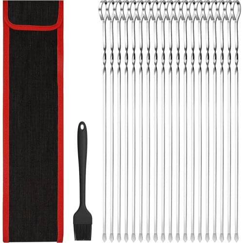 BBQ Skewers, 22Pcs Stainless Steel Kebab Skewer With Silicone Brush And Storage Bag, 40 Cm/15 Inch Long Metal Skewers