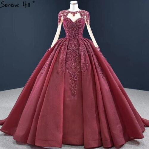 Serene Hill Burgundy High-end Crystal Beading O-Neck Wedding Dress 2021 Long Sleeves Lace Up Bridal Gown Custom Made CHM67160